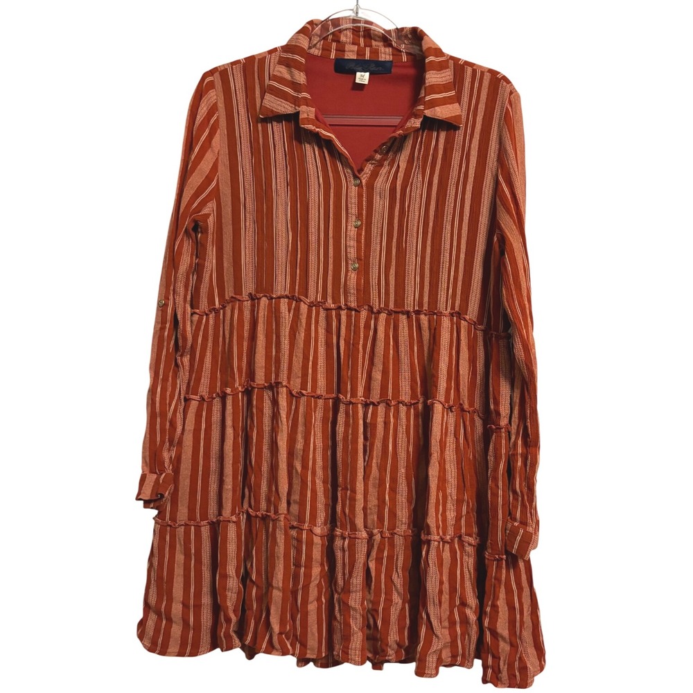 Francesa's Blue Rain‎ Striped Tiered Mini Dress Long Sleeve Size Medium